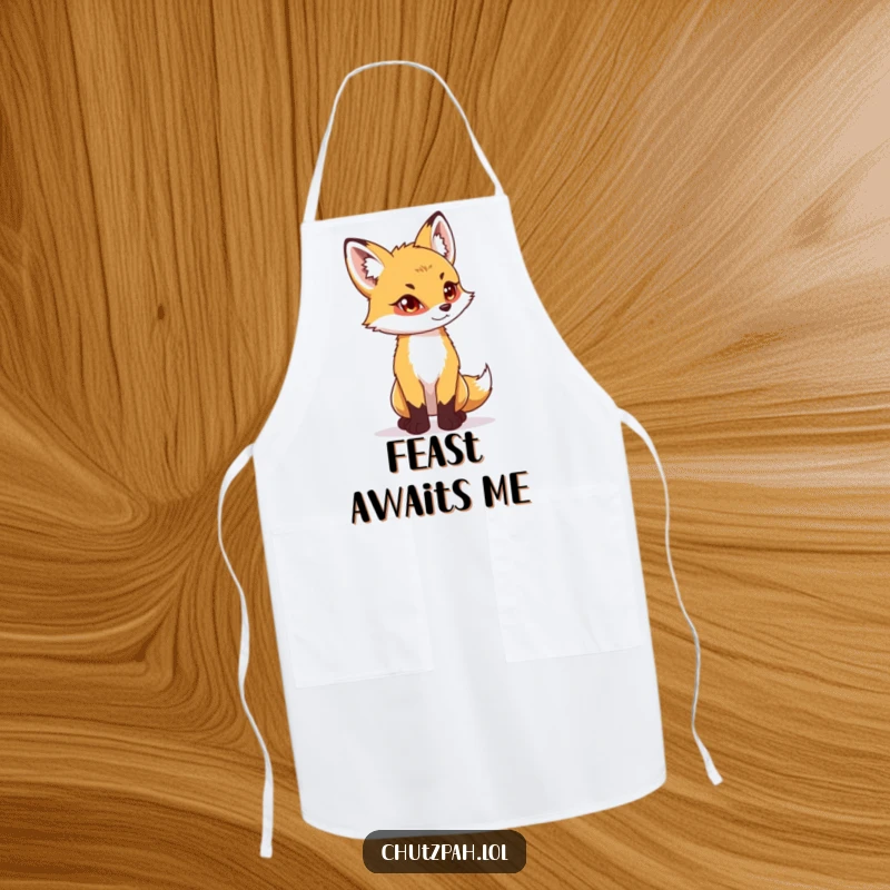 Funny playful fox cub standing tall with a determined glint while wearing a kitchen apron.