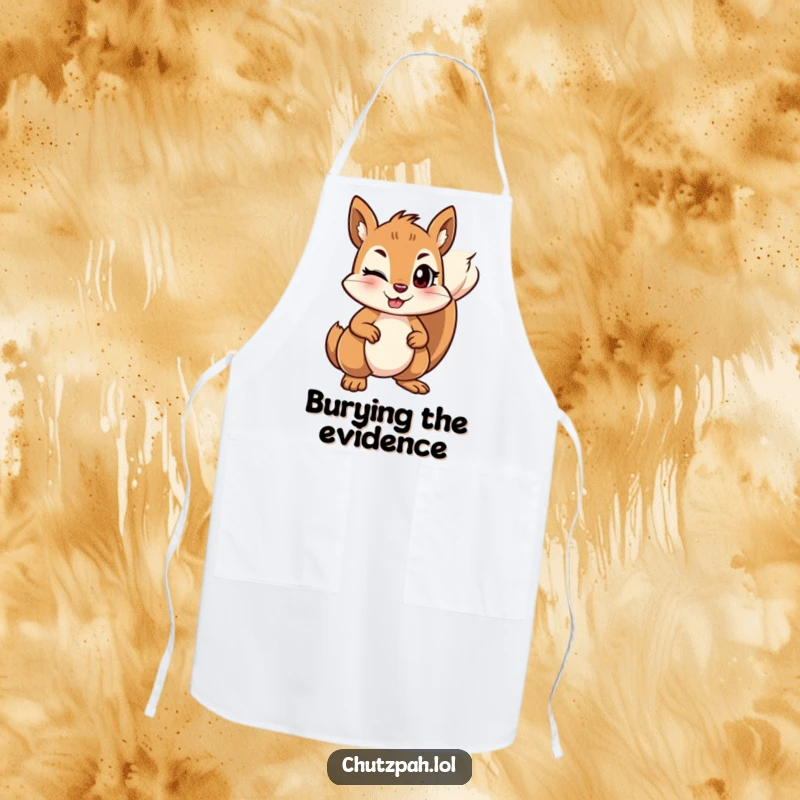 Funny mischievous squirrel winking and holding its ground firmly while wearing a kitchen apron.