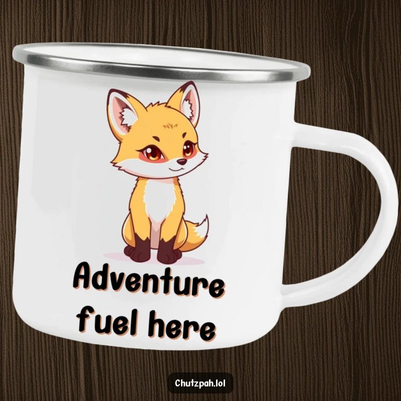 Funny playful fox cub standing tall with a determined glint on a durable enamel camping mug.
