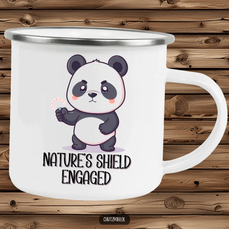 Funny panda bear with a force field, designed for an enamel camping mug, ready for adventure.