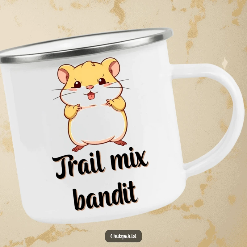 Funny tiny plump hamster striking a bold defiant pose, on a durable enamel camping mug.