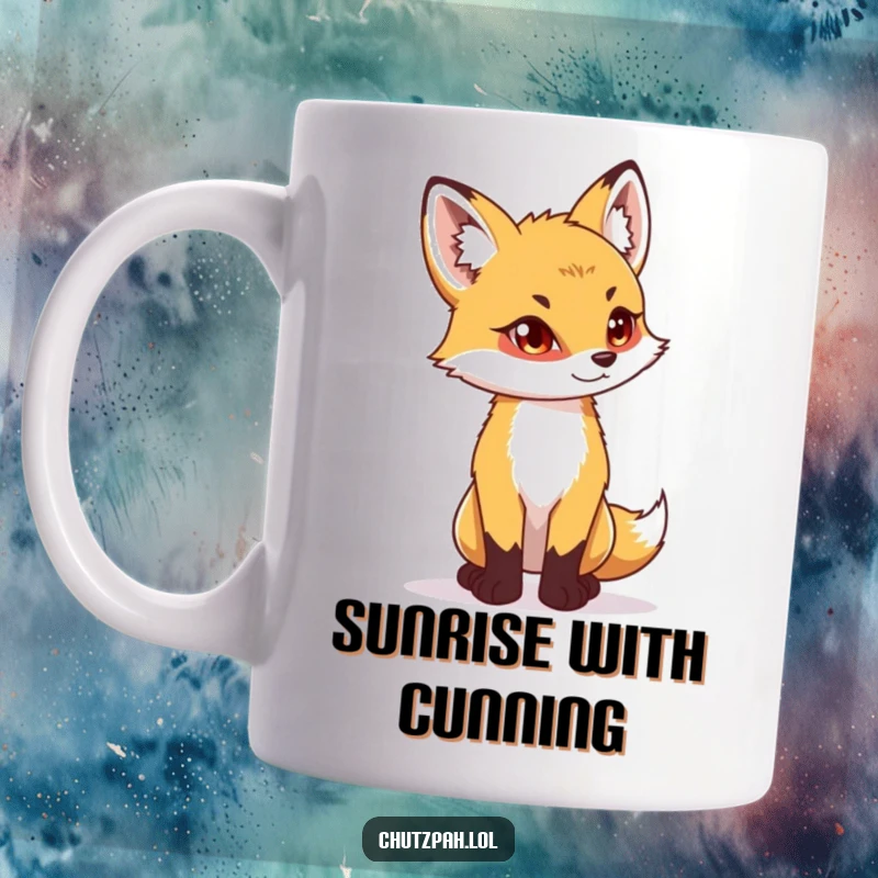 Funny playful fox cub standing tall with a determined glint in its eyes on a coffee mug.
