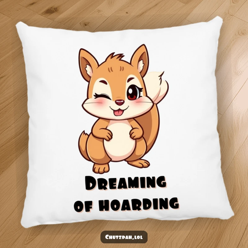 Soft pillow featuring a funny mischievous squirrel winking and standing its ground firmly.