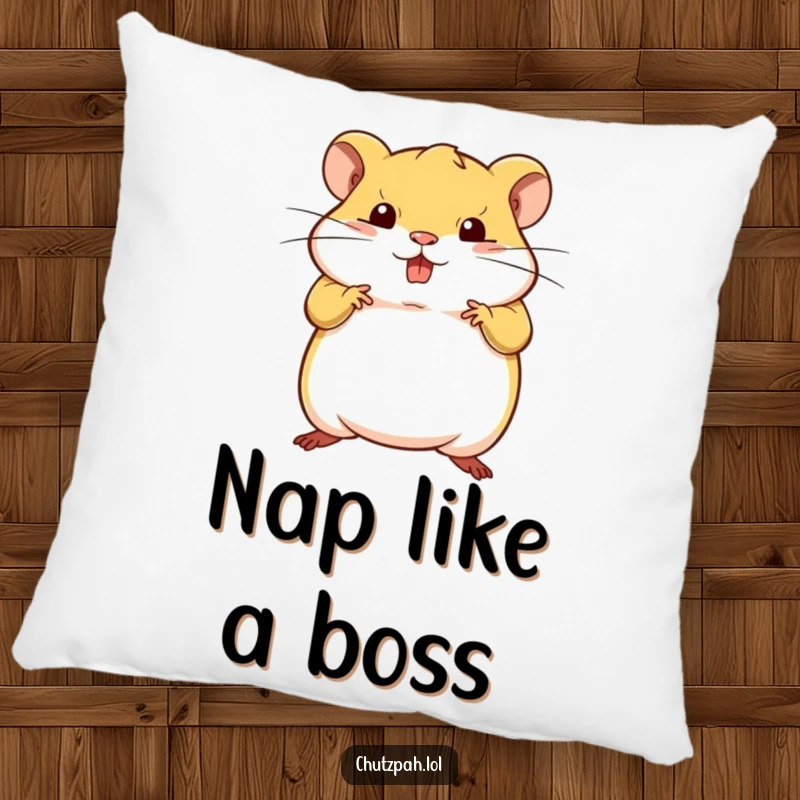 Soft pillow featuring a funny tiny plump hamster striking a bold defiant pose.