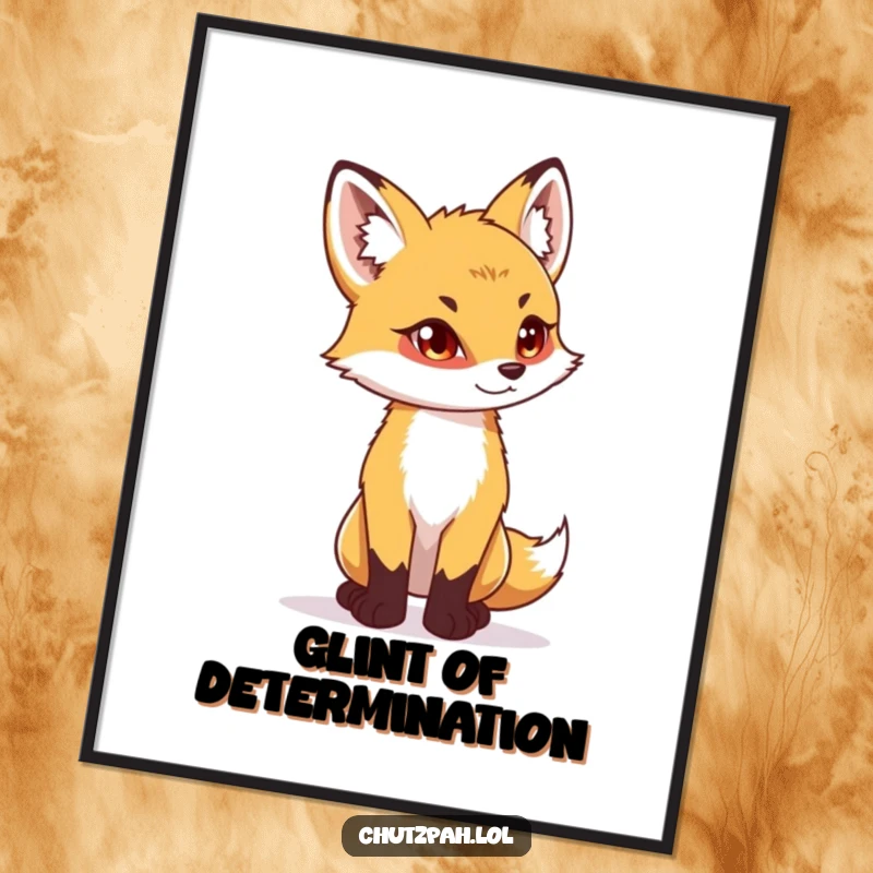 Playful fox cub standing tall with a determined glint, as a downloadable digital art print.