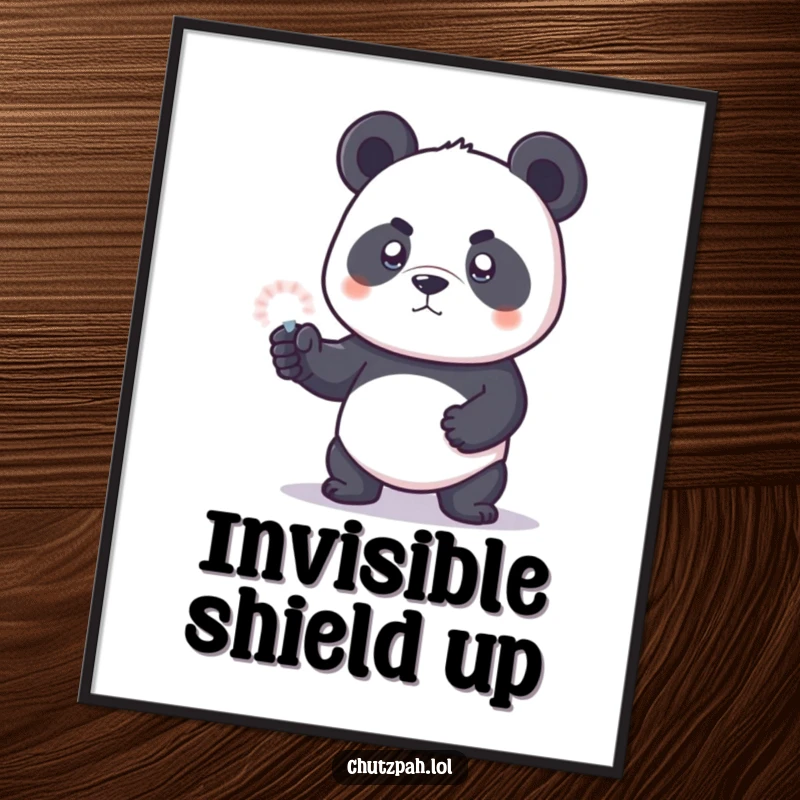 Funny panda bear cub bravely defending with an invisible force field, as a downloadable digital art print.