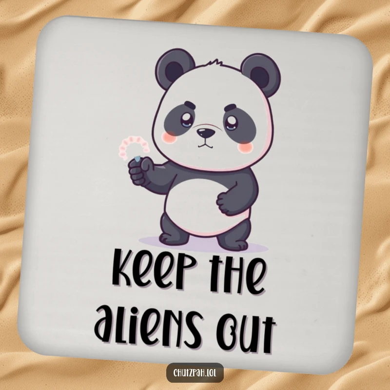 Funny panda bear using a tiny invisible force field to protect a surface, as a drink coaster.