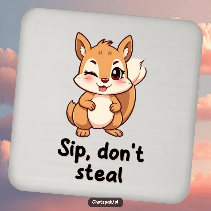 Funny mischievous squirrel winking and standing its ground firmly, serving as a drink coaster.