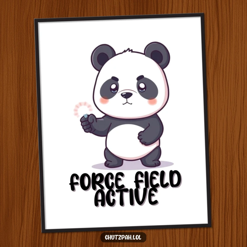 Funny panda bear cub stands guard with its invisible force field, creating humorous wall art.
