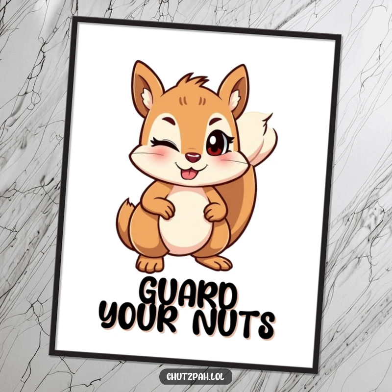 Mischievous squirrel winking and standing its ground firmly, displayed as humorous wall art.