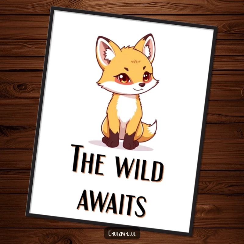Playful fox cub standing tall with a determined glint in its eyes, displayed as humorous wall art.