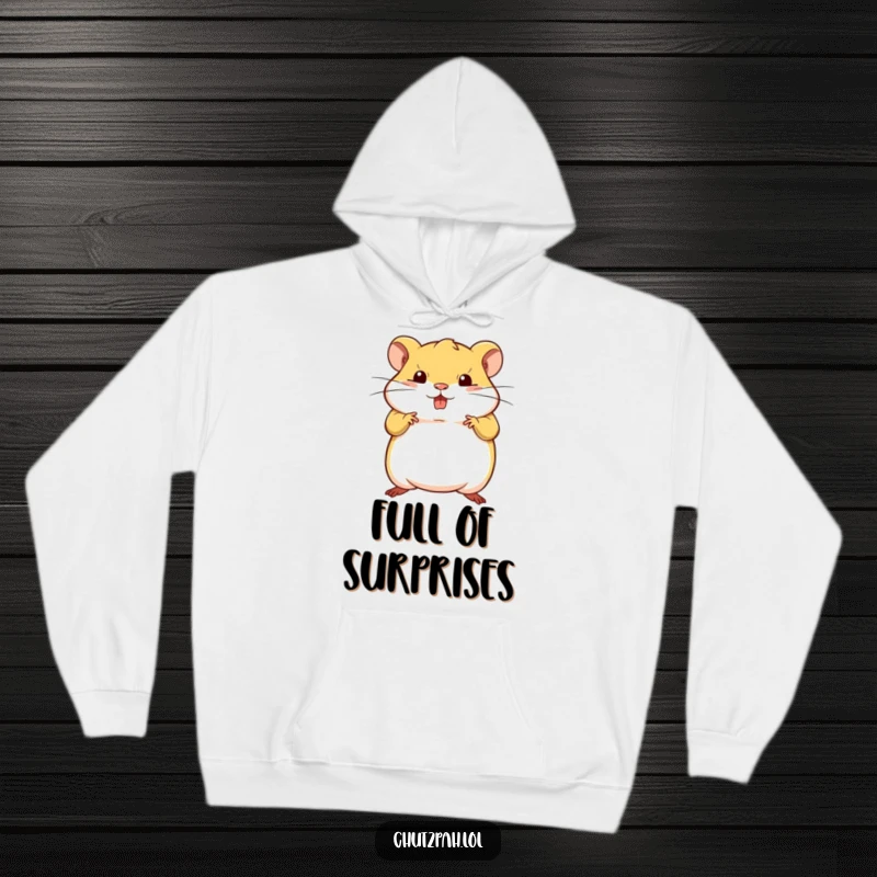 Cozy hoodie featuring a funny tiny plump hamster striking a bold defiant pose.