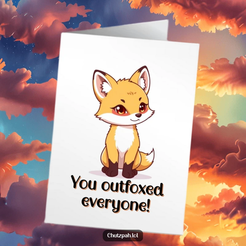 Funny Free Printable Fox Cub Congratulations Card: Playful cub stands tall with determined eyes, celebrating their cunning success.