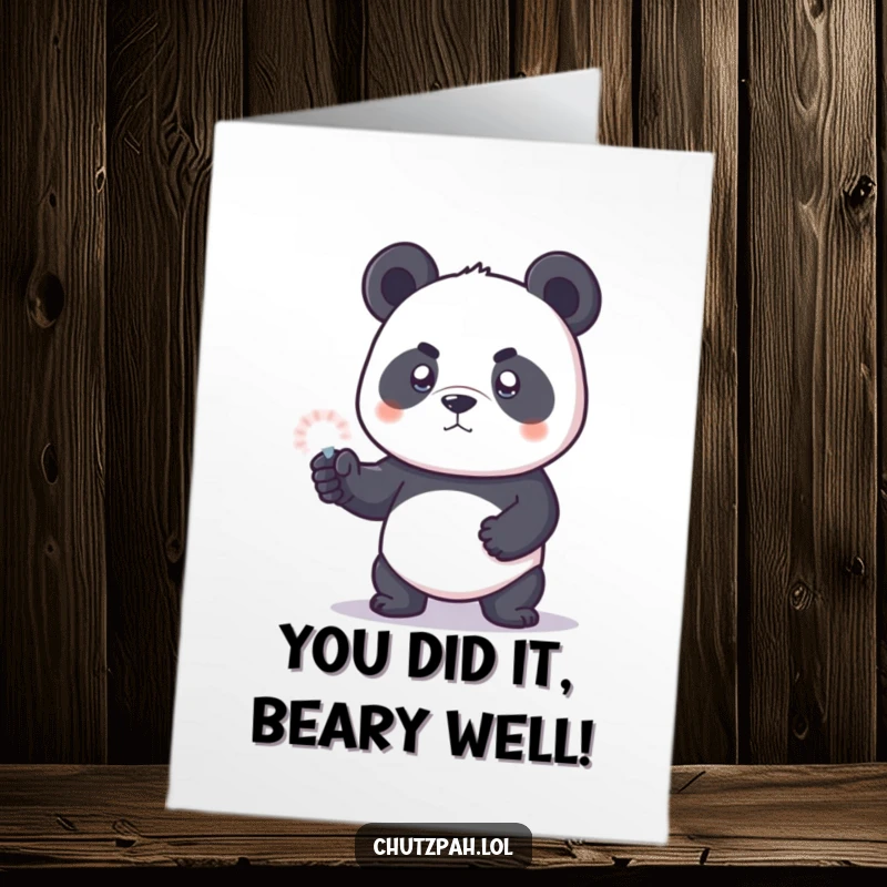 Funny Free Printable Congratulations Card: Mighty panda defends success with an invisible force field, celebrating their big win with glee.