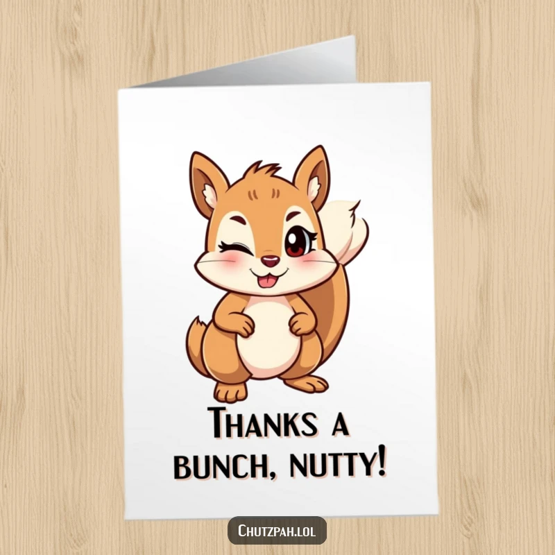 Funny Free Printable Squirrel Thank You Card: Mischievous squirrel winks, firmly holding its ground to send warm, witty thanks.
