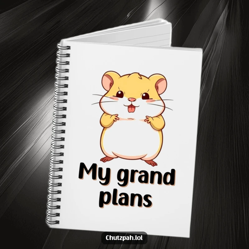 Funny tiny plump hamster striking a bold defiant pose, featured on a cute notebook.