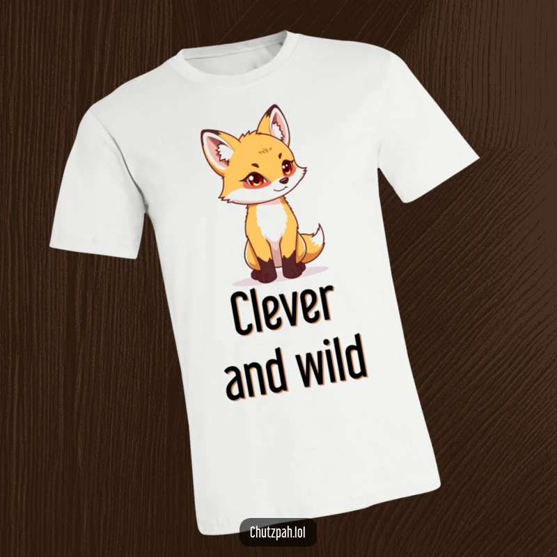 Playful fox cub standing tall with determined eyes, depicted on a funny t-shirt.